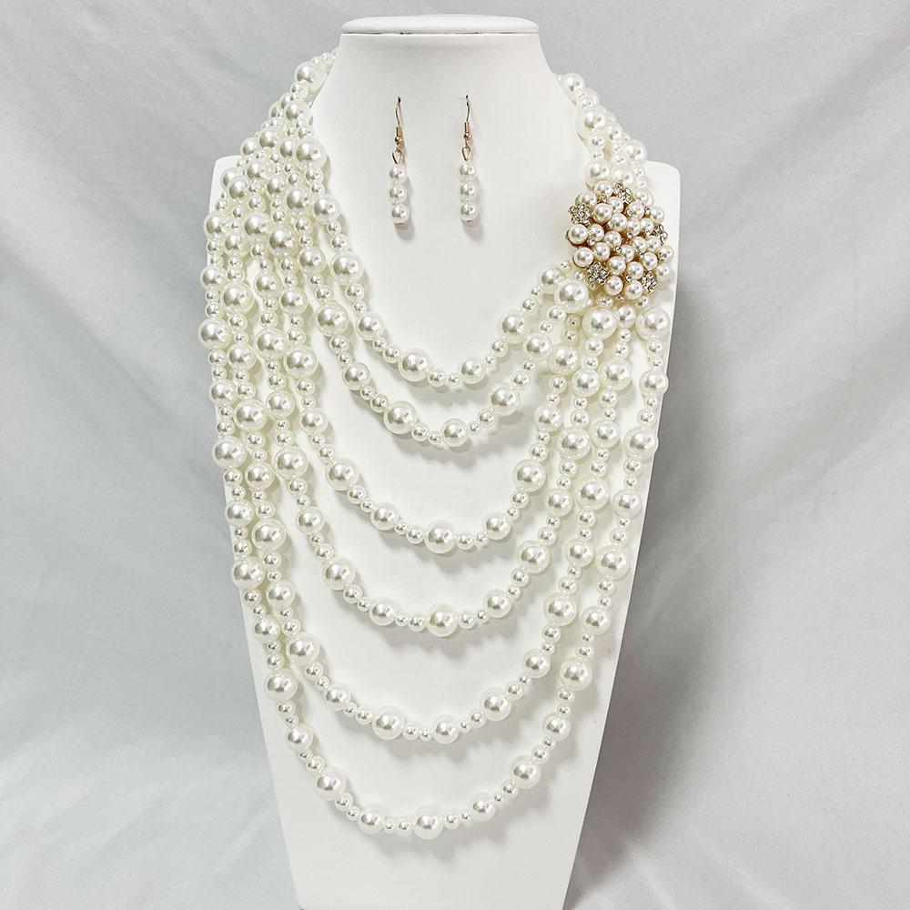 

European and American multi-layer alloy diamond-encrusted pearl flower necklace light luxury high-end sweater chain set chain long accessories