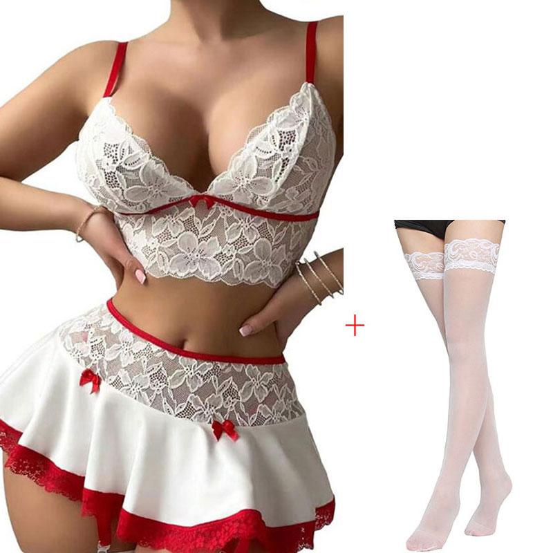 Sexy Erotic See Through Lingerie Nurse Uniform Bra and Skirt Sexy Cosplay Lingerie Underwear Garter Set Porno Nightie Costumes