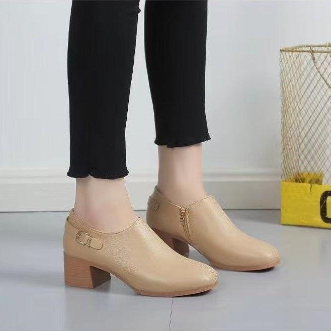 2025 new thick heel deep mouth single shoes women's autumn British style medium heel soft leather shoes square head high heel soft leather women's sho
