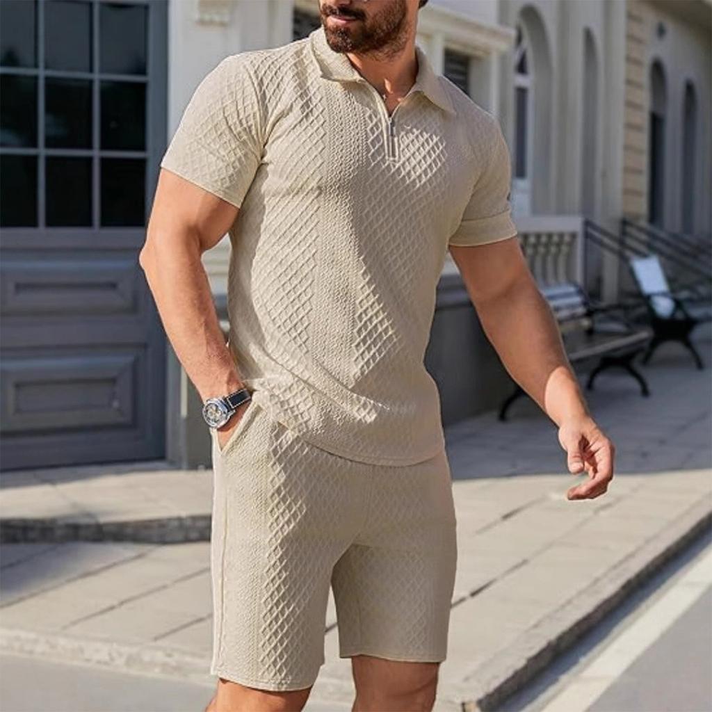 Men's Sports Casual Suit Summer Knitted Short Sleeved Shorts Two Piece Suit Men's T-shirt Lapel Suit