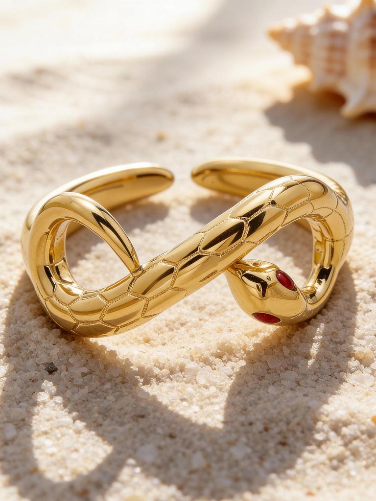 18k Gold-Plated Zirconia Inlaid Stainless Steel Open Ring Set - Modern Fashion Jewelry