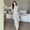 Women's French-Style Striped Color-Block Knit Dress, Waist-Cinched Slimming Midi