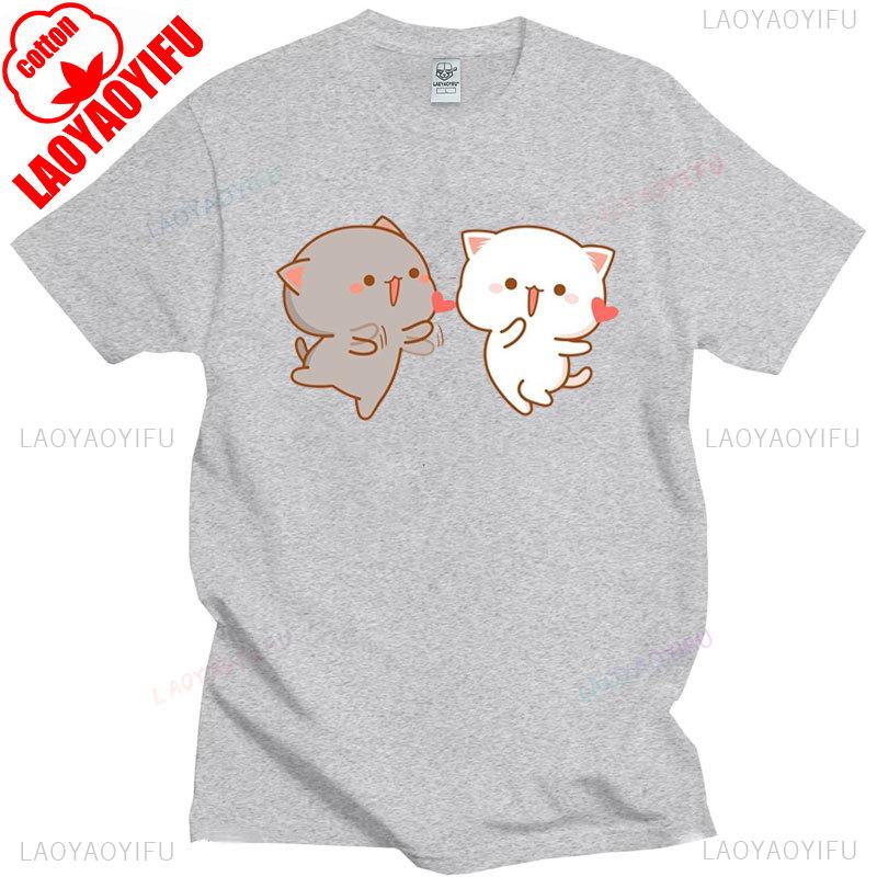 Pfirsich Katze Goma und Mochi Selfie T-Shirt Sommer Baumwolle Kurzarm T-Shirts Niedlicher Druck T-Shirt Mode Harajuku Lustige Partner Tops