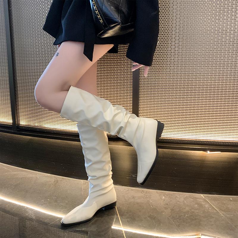 New Style Women Knee High Boots Autumn Winter Female Shoes Female Slip-on Folds Low Heel Round Toe Flat Long Boots Boots