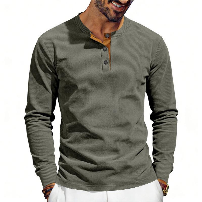 Men's Corduroy Henley Slim Fit Solid Long Sleeve T-Shirt.