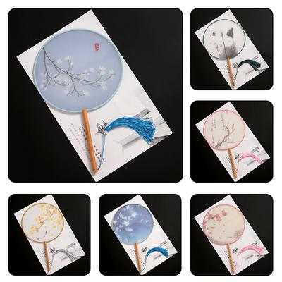 1PC Court Classical Printed Tassel Long Handle Circular Fans Round Fan Wedding
