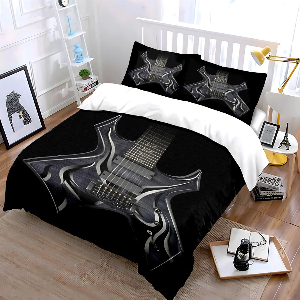 Electric Guitar Print Bed Set Black Style Bedding Set (1 Duvet Cover, 2 Pillowcases, Duvet Not Included)