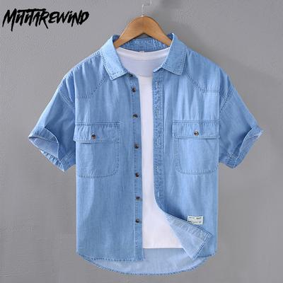 Sommer Kurzarm Jeanshemden für Herren im japanischen Retro-Stil, quadratisches Cargo-Hemd, bequemes Hemd, lässiges lockeres Oberteil für Jugendliche
