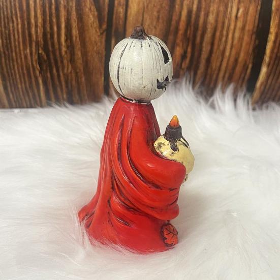 Halloween Pumpkin Statue Spooky Ghost Pumpkin Holding Skull Figurine Resin Gothic Decoration for Indoor Outdoor Home Tabletop Garden Decor
