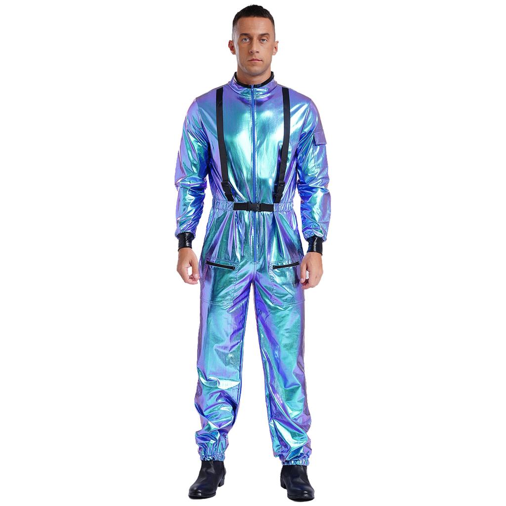 Mens Astronaut Costume Metallic Jumpsuit Zipper Front Halloween Cosplay