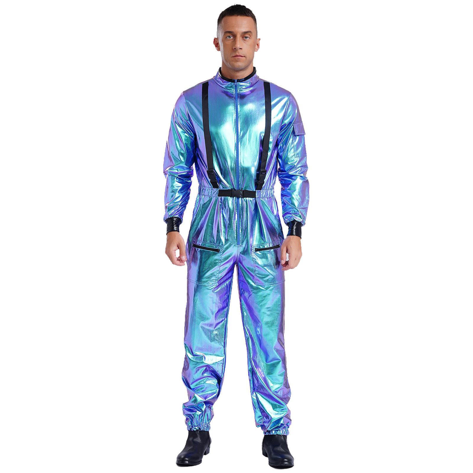 

Mens Astronaut Role Play Outfit Halloween Costume Metallic Shiny Mock Neck Long Sleeve Jumpsuits Zipper Bodysuit S