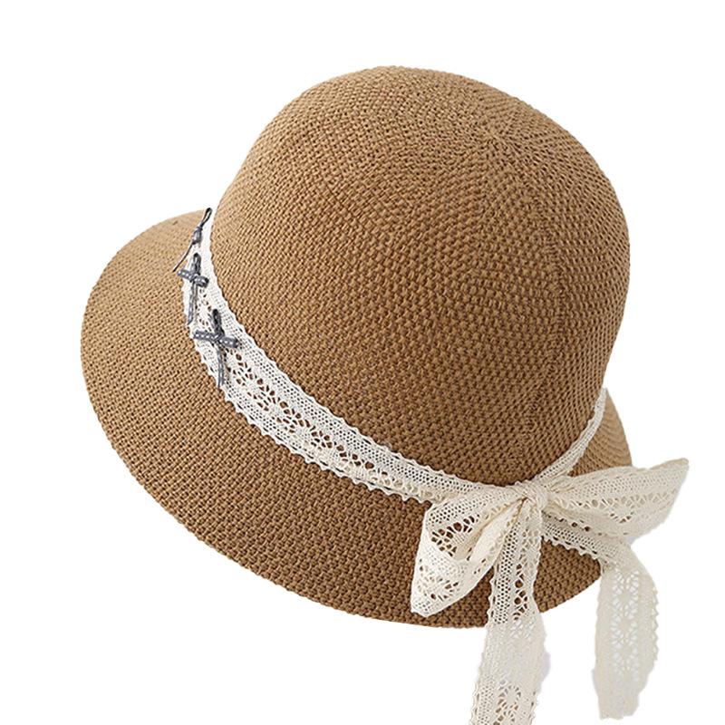 Breathable New Hat Women's Bucket Hat Spring and Summer Bow Lace Streamer Hollow Sunscreen Sunshade Sun Hat