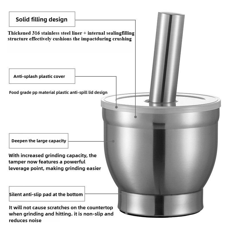 316 Stainless Steel Handmade Kitchen Garlic Grinder, A Mortar for Making Garlic Sauce, Very Suitable for Household Use