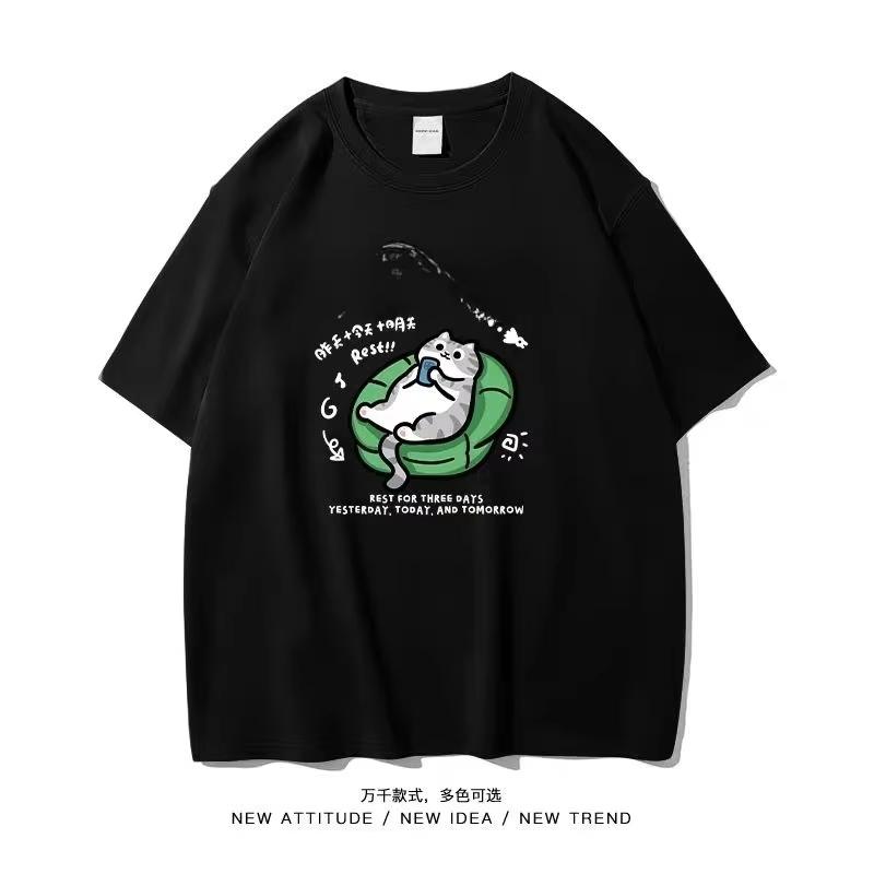 Fashion Loose T-shirt Hip Hop Streetwear Cotton Short Sleeve Casual ClothingOff Cartoon Cat Funny Migrant Daily Teen