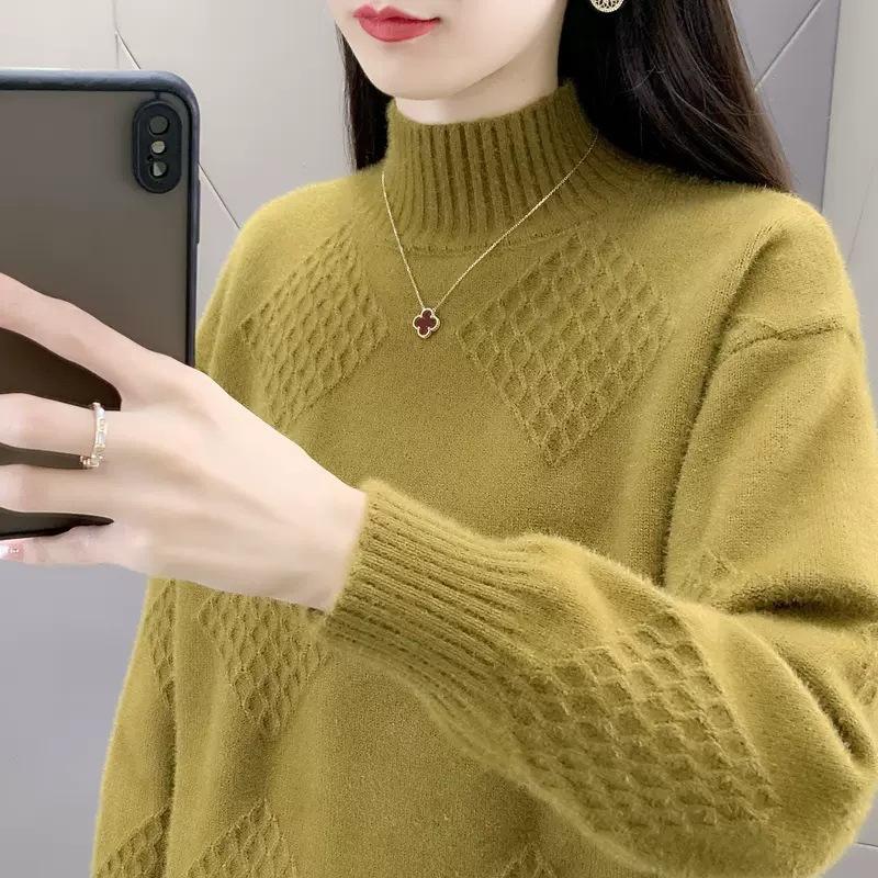 

Женский вязаный свитер Ретро топ Свитер Осень и Зима Полувысокая горловина Толстый теплый свитер 3XL оливковое зеленый