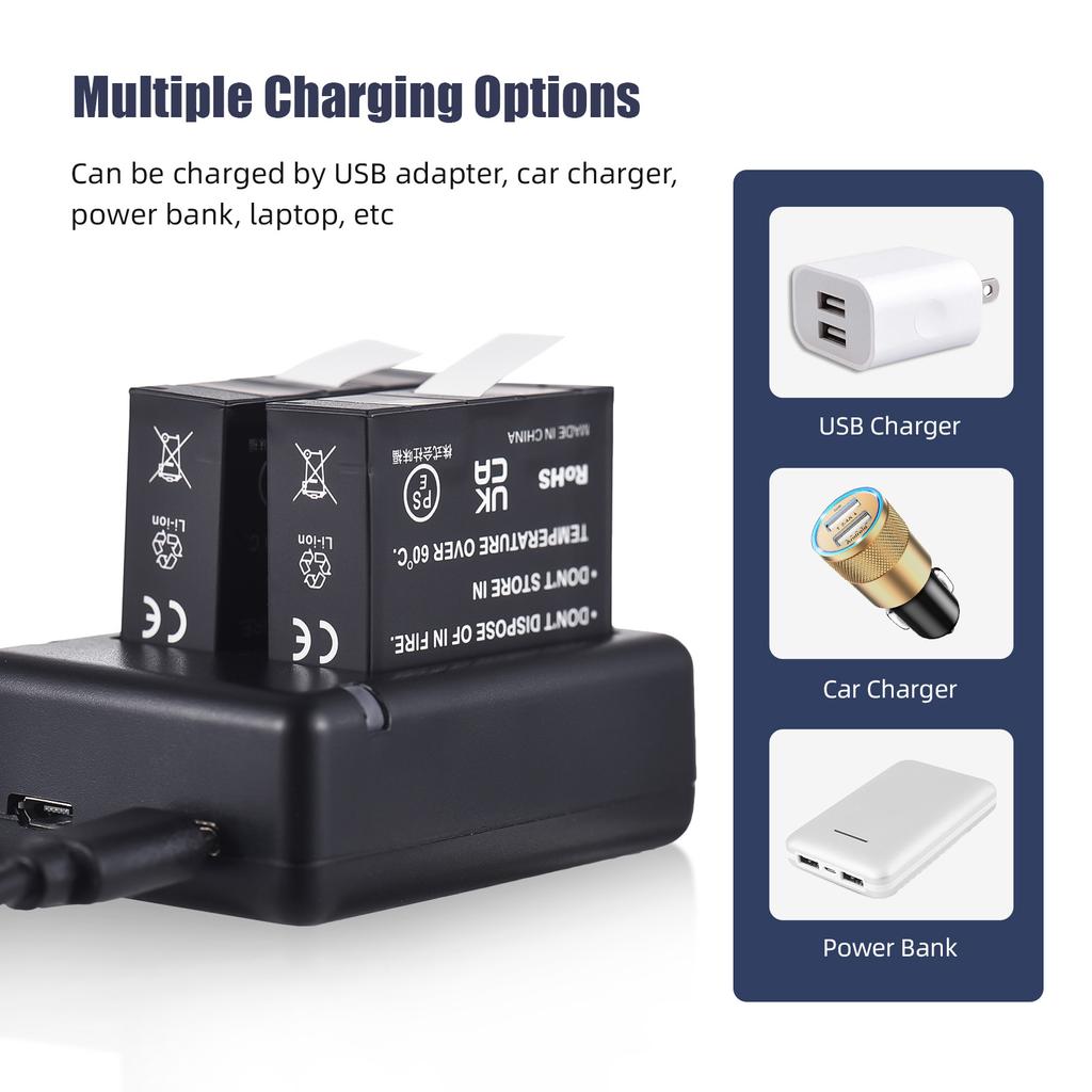 Sports Camera Battery & Charger Kit Including Three Slot Battery Charger + 3pcs 1800mAh Batteries + 3 Battery