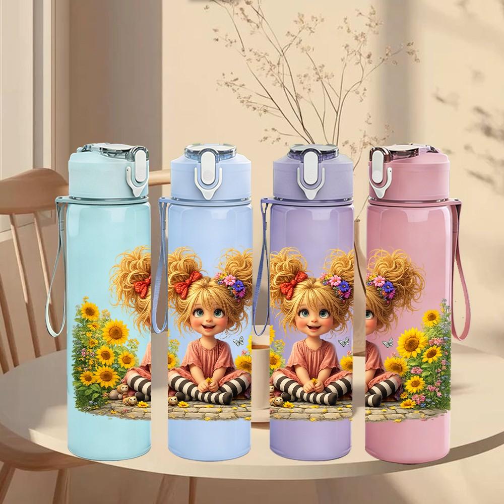 1PC Curly Hair Girl Sunflower Field Print 750ml Color Plastic Sports Water Bottle Leakproof Flip Straw Lid Suitable for Sports Office Home Use
