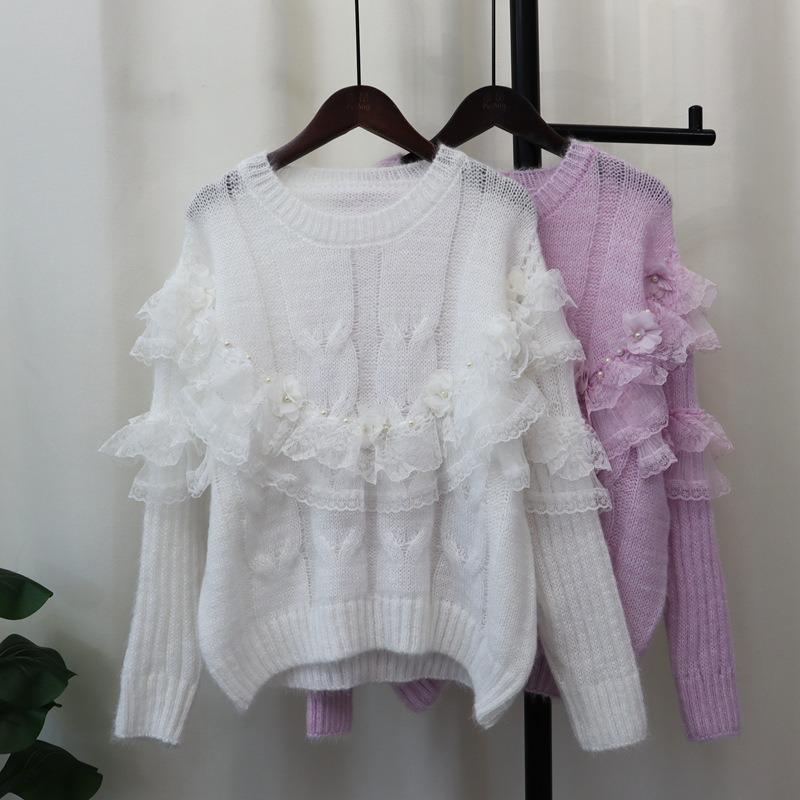 Heavy Industry Bead Splicing Mesh Flower Sweater Pullover Autumn and Winter New Sweet Loose Knitted Sweater Top Women