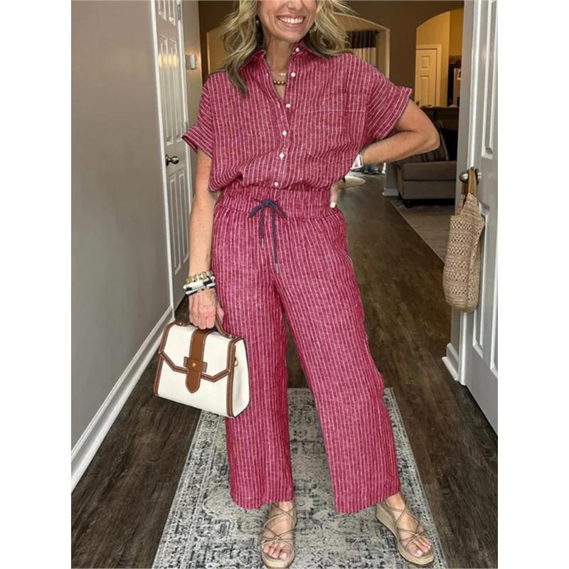 Classic Spring Autumn Striped Printed Short Sleeve Shirt Set Retro Casual Loose Waist Trousers Women's Suit