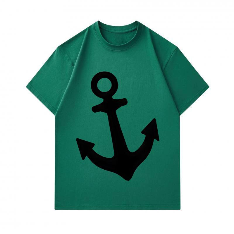 Men's 100% Cotton Crew Neck Short Sleeve T-Shirt, Casual Black Minimalist Anchor Print Comfortable Breathable Loose Fit Summer Daily Top for Naval Nau