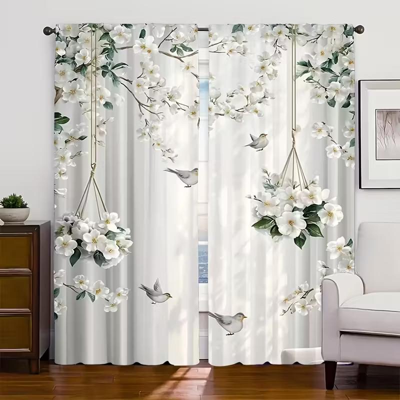 2PC White Floral Bird Hanging Basket Sheer Curtains - Serene Garden-Themed Print Window Drapes for Living Room Bedroom Decor
