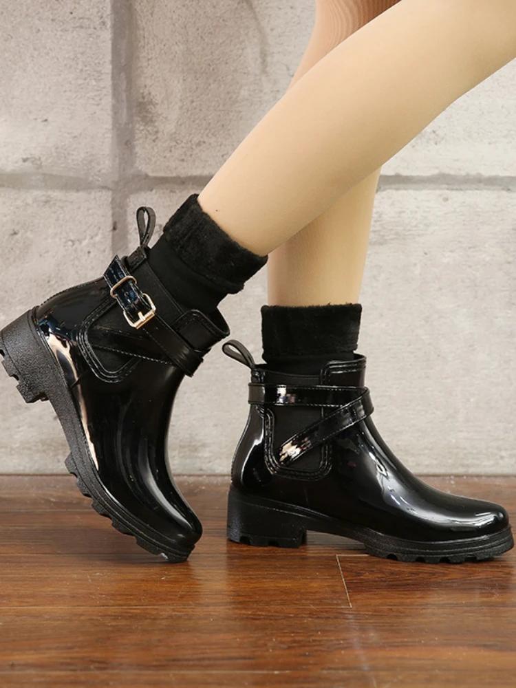 fashion boots women Short Boots Rain Shoes Non-Slip Patent leather Elastic Band Water Shoes Ankle Boots 2024 fv45