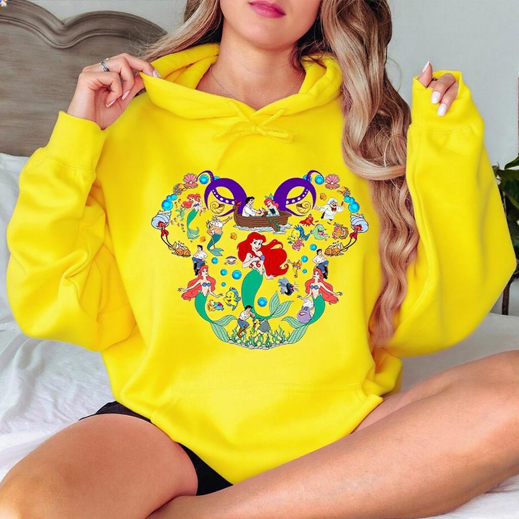 Disney Parent-child Outfits for Girls, Little Mermaid Princess Print Hoodie, Casual Sporty Multi-color Sweatshirt, Loose Hoodie