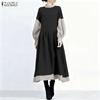 ZANZEA Women Casual Stand Collar Loose Long Sleeve Patchwork Long Dress