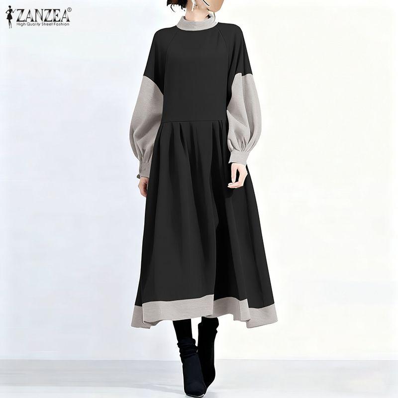 ZANZEA Women Casual Stand Collar Loose Long Sleeve Patchwork Long Dress