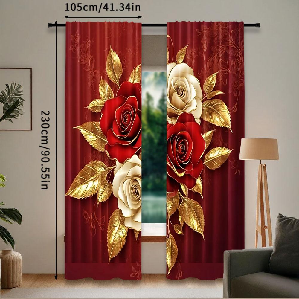 2Pcs Red And Golden Rose Floral Curtain Modern Arts Design Suitable For Bedroom Bathroom Living Room Dining Room Study Room