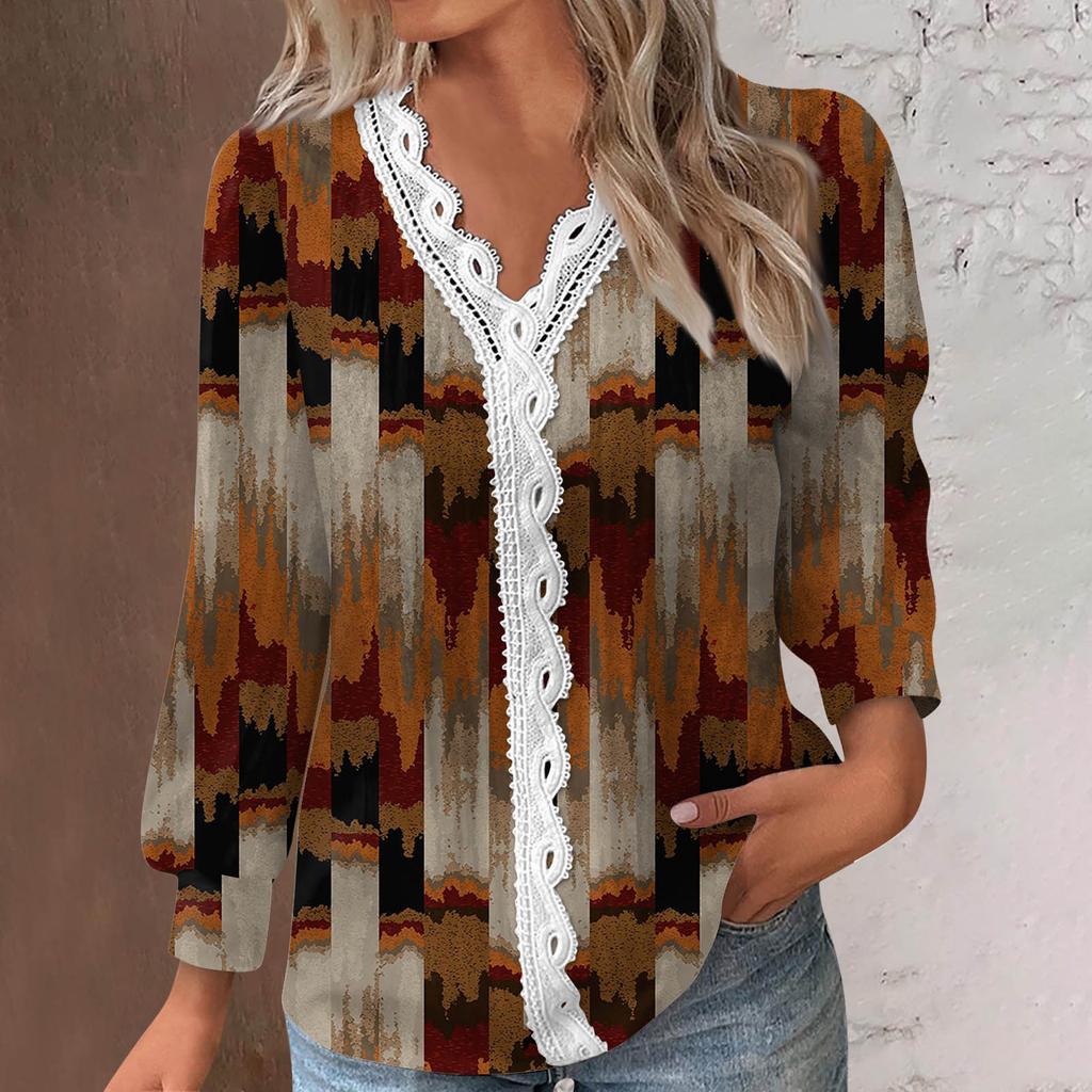 Women's V Neck Lace Long Sleeves Pleated T-Shirt Fashion Tops Tunic Button Up Ladies Business Cotton Casual Shirts