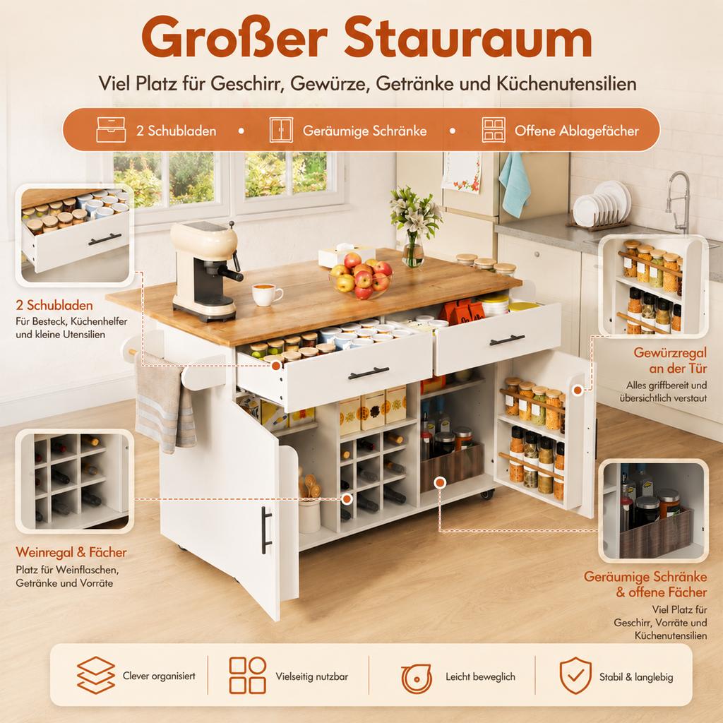 Kücheninsel mit klappbarer Arbeitsplatte, Rollwagen, 2 Schubladen, Wein- und Gewürzregal, Handtuchhalter, Platzsparendes Design für Küche & Esszimmer