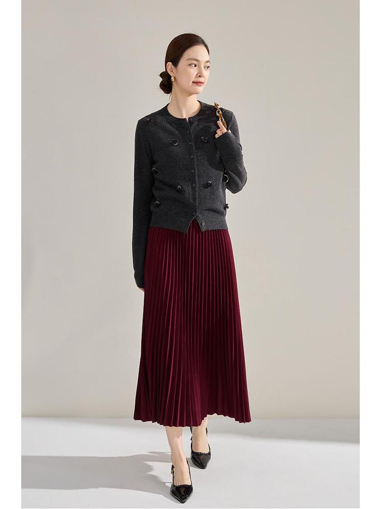 Spring Grey High-Waisted Slimming Pleated Midi Skirt - Versatile Commuting Outfit