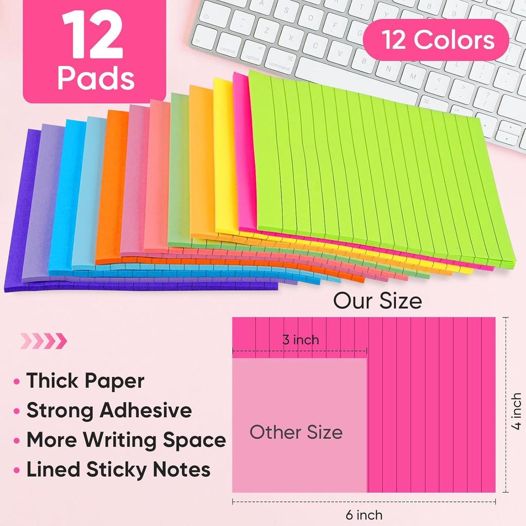 (12 Pack) Lined Sticky Notes 4x6 Inch, 12 Bright Colors - Sticky Note with Lines, Strong Adhesive & No Residue - Large Sticky Notes Thick Paper, for