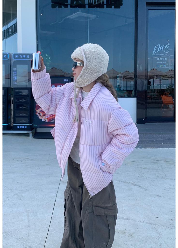 American retro pink striped short cotton clothes cotton clothes women's winter loose and versatile warm thickened bread clothes