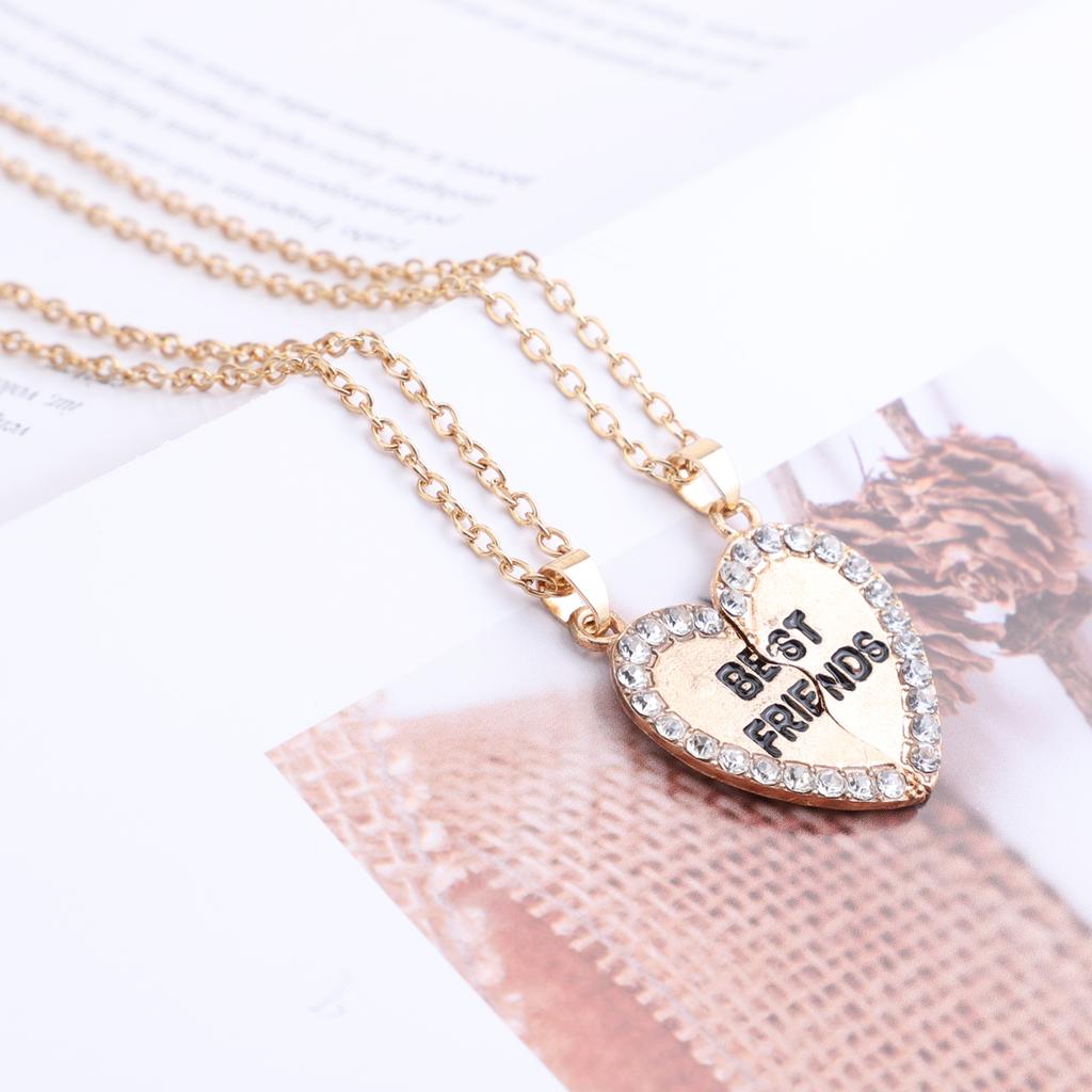 2pcs Per Set Heart Rhinestone Best Friends Engraved Pendant Friendship Necklace
