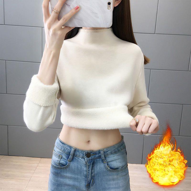 

Осенне-зимний толстый свитер для женщин, теплый, повседневный, свободный пуловер, цельный велюровый вязаный свитер с полувысоким воротником, базовый слой XL