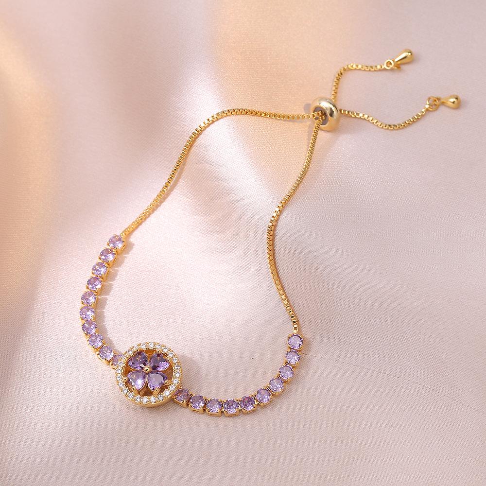 Sweet Rotatable Purple Zircon Clover Pendant Necklace Earrings Sets for Women Girls Stainless Steel Chain Accessories Gifts