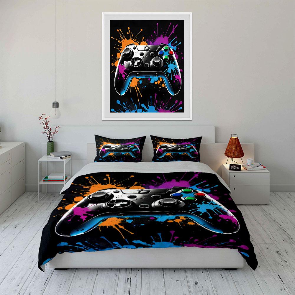 Vibrant Game Controller with Color Splashes Print Bedding Set 1 Duvet Cover 2 Pillowcases for Adult and Children Luxury Gift
