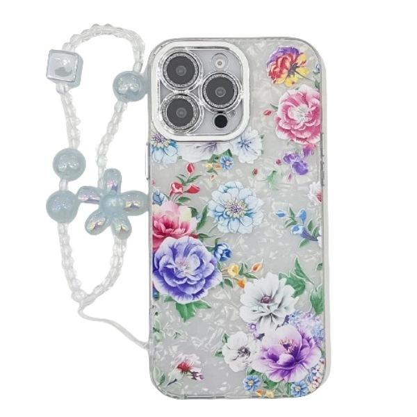 For Apple 16E Flower Phone Case for IPhone 15 Promax with Bracelet Sparkling Pink Lens Film Hard Case