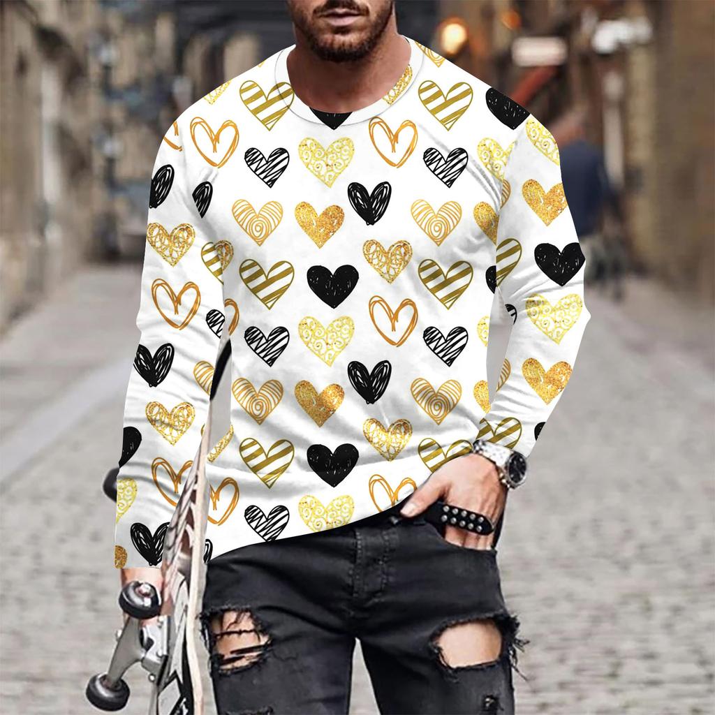Spring and Autumn Round Neck 3D Love Printed Top Valentine's Day Themed T-shirts Fashionable Casual Long Sleeved Men's T-shirts