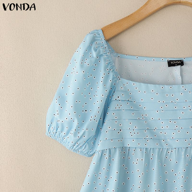 VONDA Summer Women Casual Square Collar Short Sleeve Polka Dots Blouse