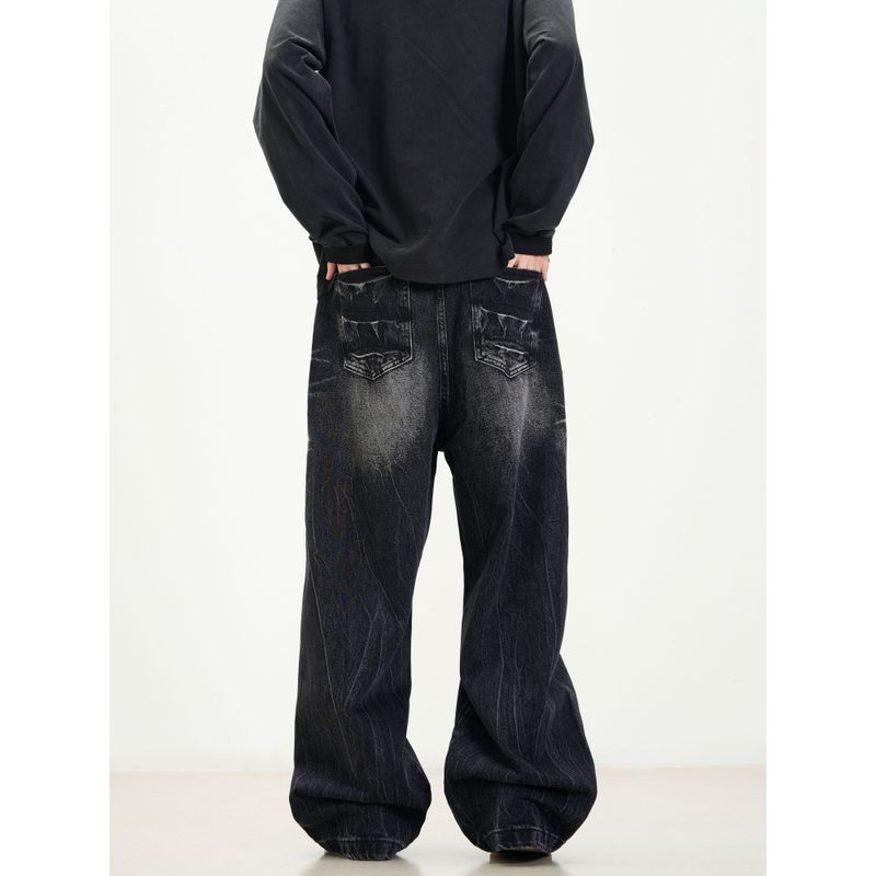 Kisko High Street American Style Washed Vintage Lightning Pattern Cleanfit Jeans Unisex Trendy Loose Straight Pants