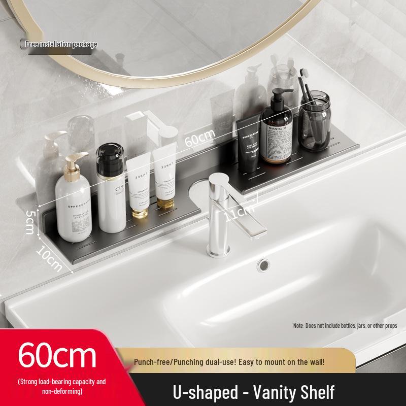 Wall-Mounted No-Drill Bathroom Vanity Shelf with Space for Faucet and Mirror