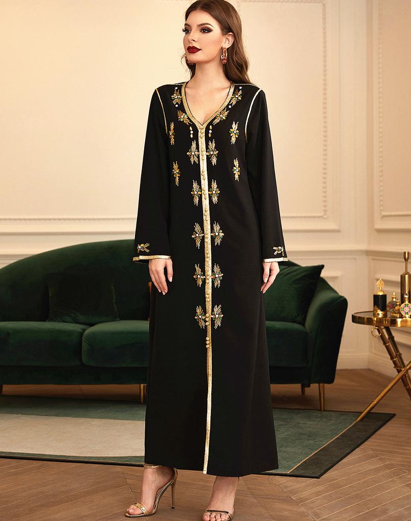 Vestido muçulmano de luxo, cor sólida, indústria pesada, strass, dubai, ramadã, manga comprida, abaya