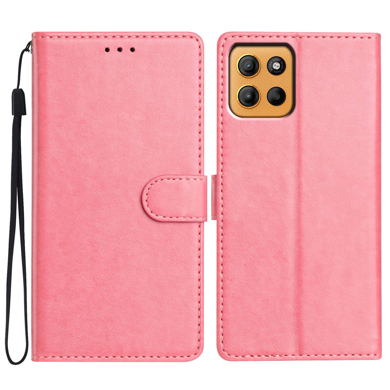 

For Motorola Moto G15 4G Leather Case Wallet Stand Phone Cover with Handy Strap Pink