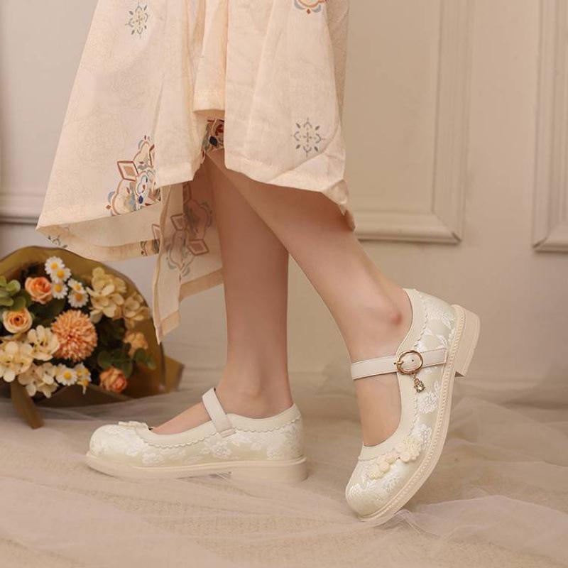 New girls Hanfu shoes comfortable thick-soled non-slip rubber sole buckle single shoes wear white children's princess shoes in all seasons