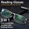1pc Men Half Frame Rectangular Reading Glasses Metal Frame 3 In 1 Presbyopic Glasses Lightweight Anti-Blue Far and Near Dual-Use