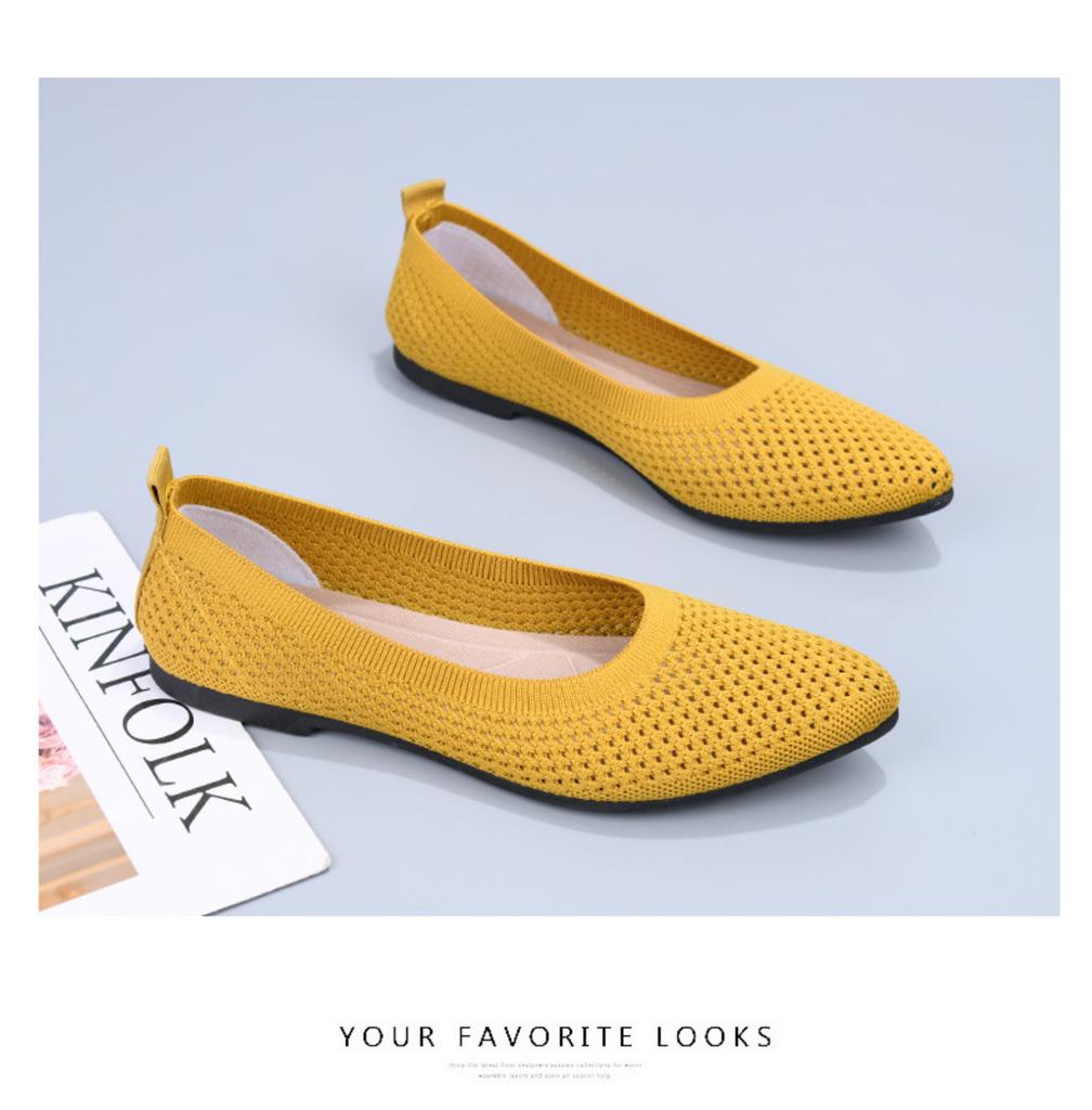 Women Pointed Toe Flat Shoes Breathable Hollow Knit Slip On Casual Soft Sole Lightweight Comfortable Walking Footwear