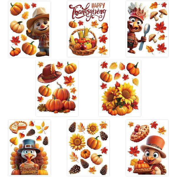 Thanksgiving Window Clings, 3D 8 Sheets Fall Window Clings Double Sided Turkey Pumpk Window Stickers for Glass Window Thanksgiving Fall Decorations